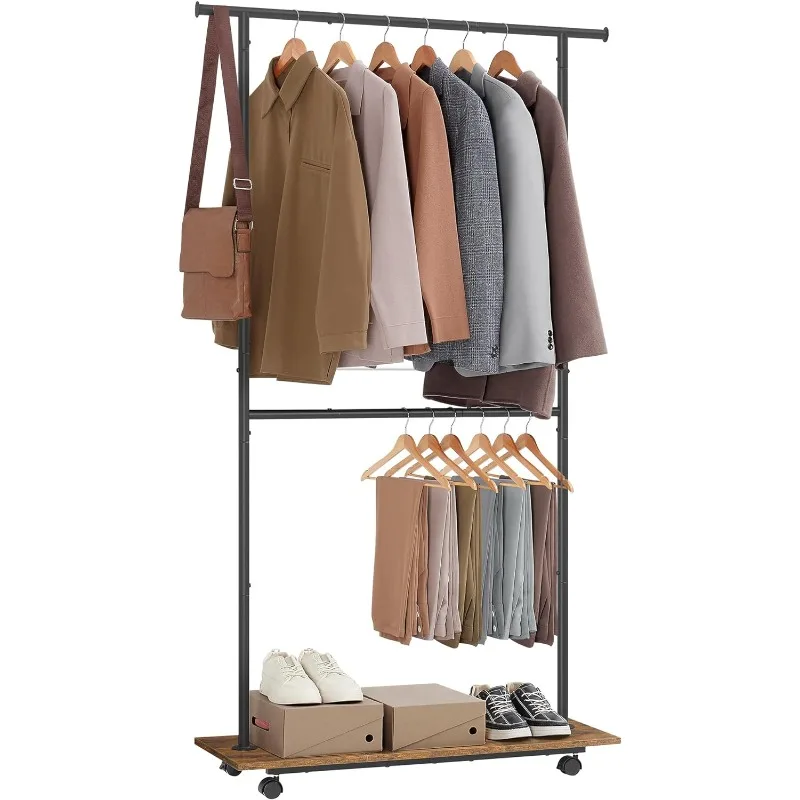 

Clothes Rack with Wheels, Middle Rod Clothing Rack for Hanging Clothes, 38.8 Inches Garment Rack with Shelf, Height Adjustable