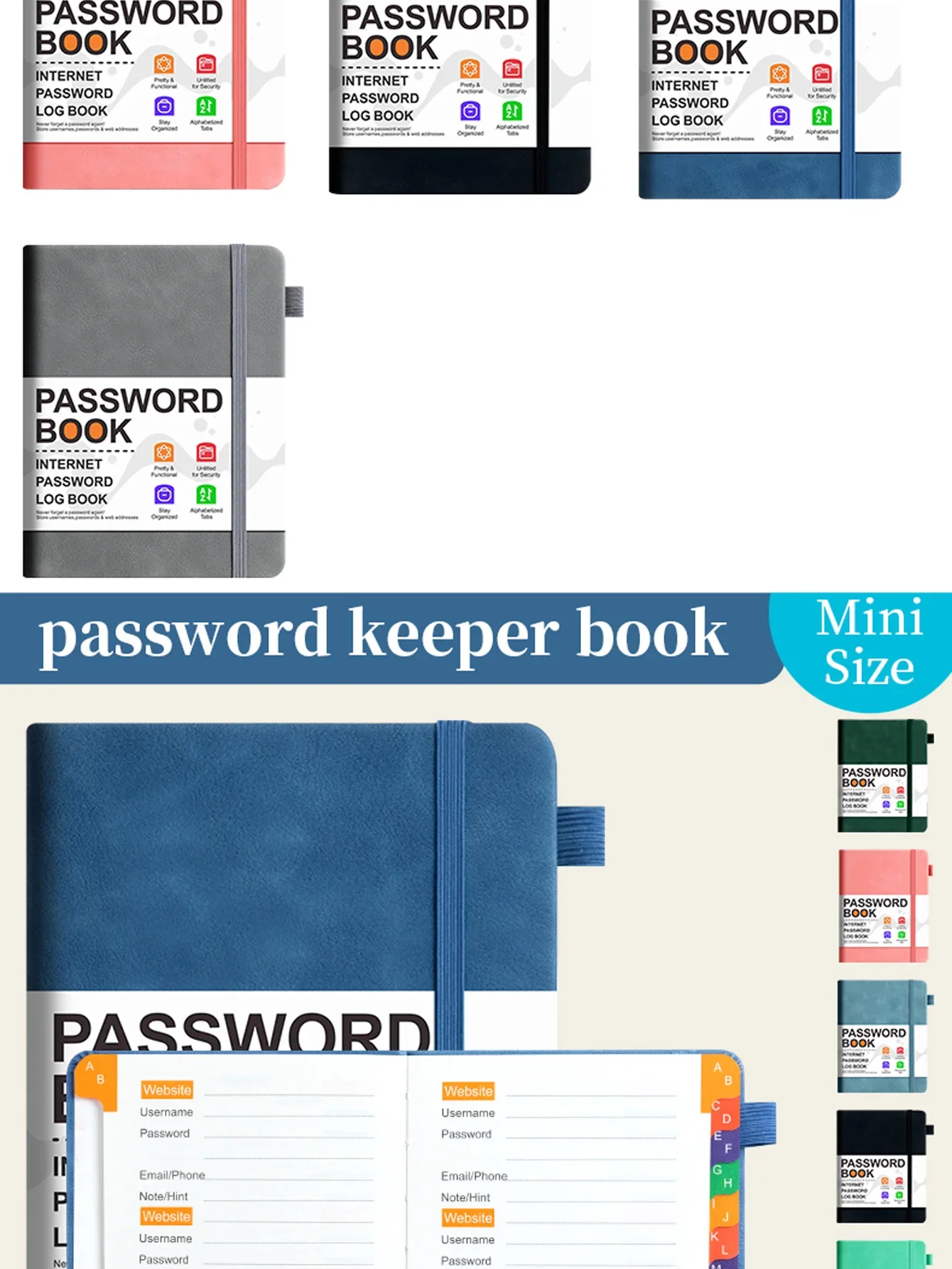 Passwort-Adressbuch, PU-Leder, Größe B6, mit Riemen, versandfertig, Geschenkidee für den Schulanfang, für Teenager, Erwachsene, Notizbuch, Tagebuch-Set – Detail 6