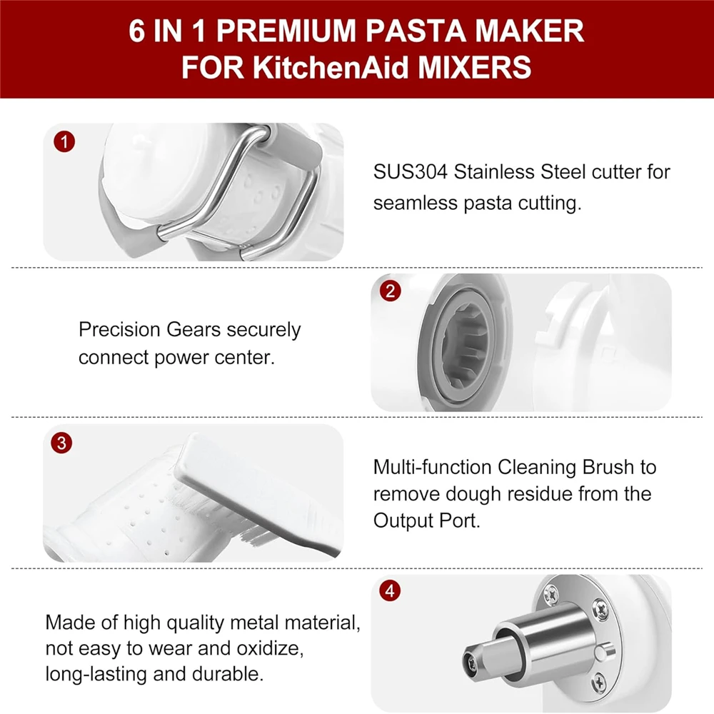 6 in 1 Set Pasta Maker Attachment Kitchen aid for Kitchenaid Stand Mixers Tool 6 Shapes Pasta Outlet Cleaning Brush Attachments