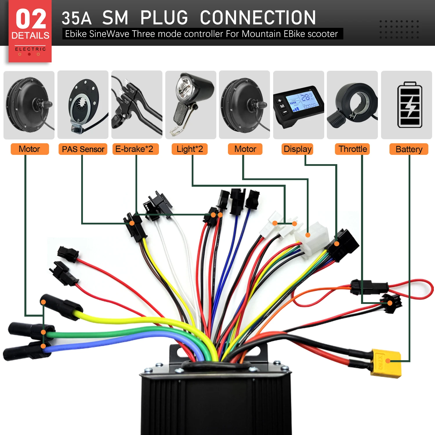 E-바이크 35A 브러시리스 모터 사인파 컨트롤러 24V36V48V52V 1000W1500W S966 NFC LCD 디스플레이(PAS 스로틀 키트 포함) 전동 스쿠터용