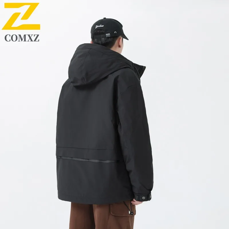 COMXZ Trench Coat Waterproof Solid Color Hooded Outdoor Hiking Windbreaker Jacket 2025 Travel Comfortable Versatile Men's Coat