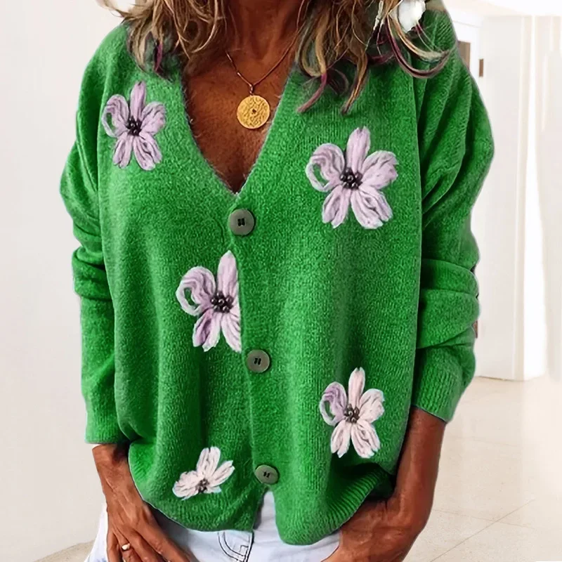

Women's Sweater 2024 Autumn and Winter New Embroidered Knit Cardigan Retro Lazy Style Sweater Coat V-neck Long Sleeve Leisure