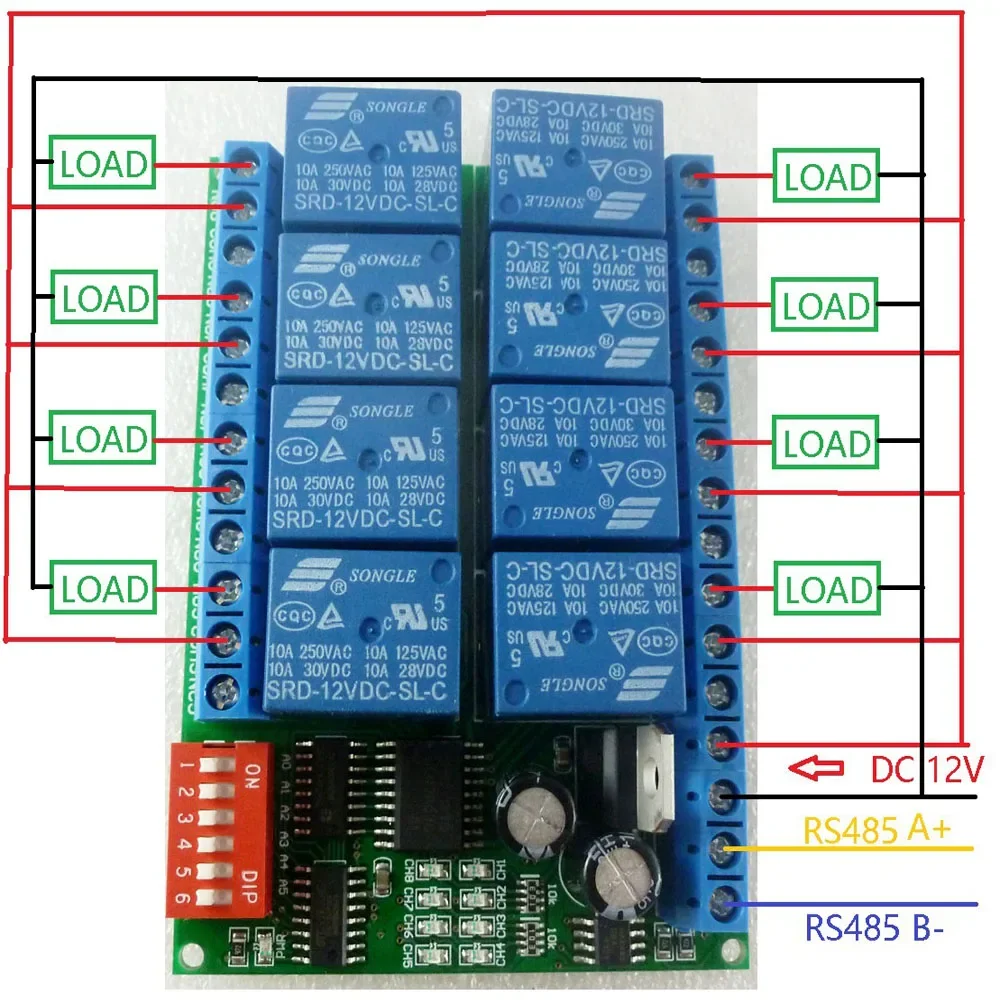 

R421A08 DC 12V 8 Channel RS485 Relay Module Modbus RTU Protocol 485 Remote Control Switch for PLC PTZ Camera Security Monitoring