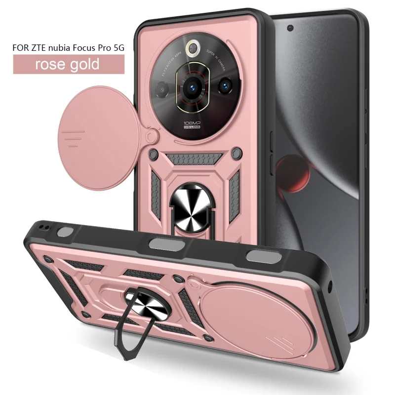ZTE Nubia Focus Pro 5G Protective Case with Slide Lens Cover and Magnetic Ring Holder Armor Design