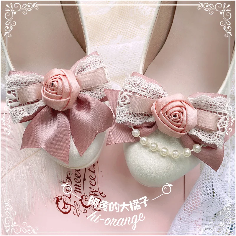 Lolita Princess Pink Shoe Clip Handmade Lace Flower Bowknot Shoe Buckle Detachable Bow Girl Women's Sweet Shoe Ornament