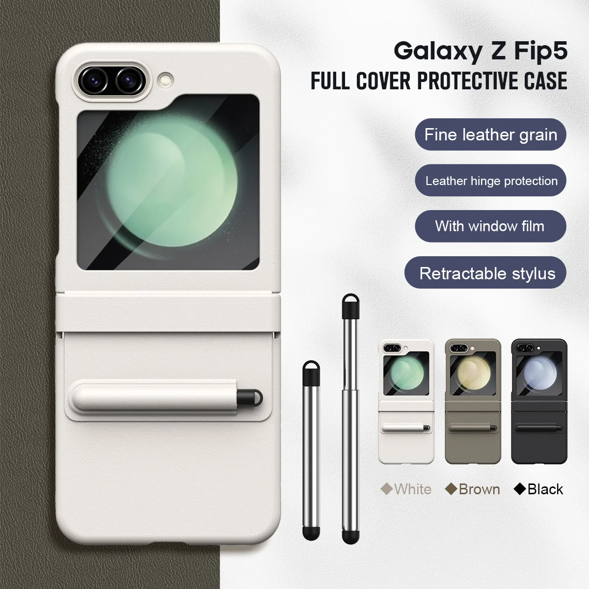 For Samsung Galaxy Z Flip 5 4 3 Luxury Leather Cover Case with Glass Screen Protector Touch Pen