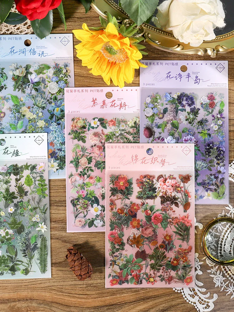 Journamm 3pcs/pack PET Materials Flowers Stickers DIY Scrapbooking Decor Junk Journal Collage Stationery Waterproof Stickers