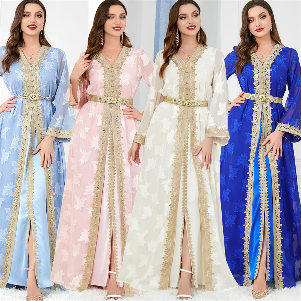 

Elegant Casual Women's Dresses Abayas for Women Muslim Sets Floral Embroidery Guipure Lace Insert Belted Kaftan Dubai Ramadan