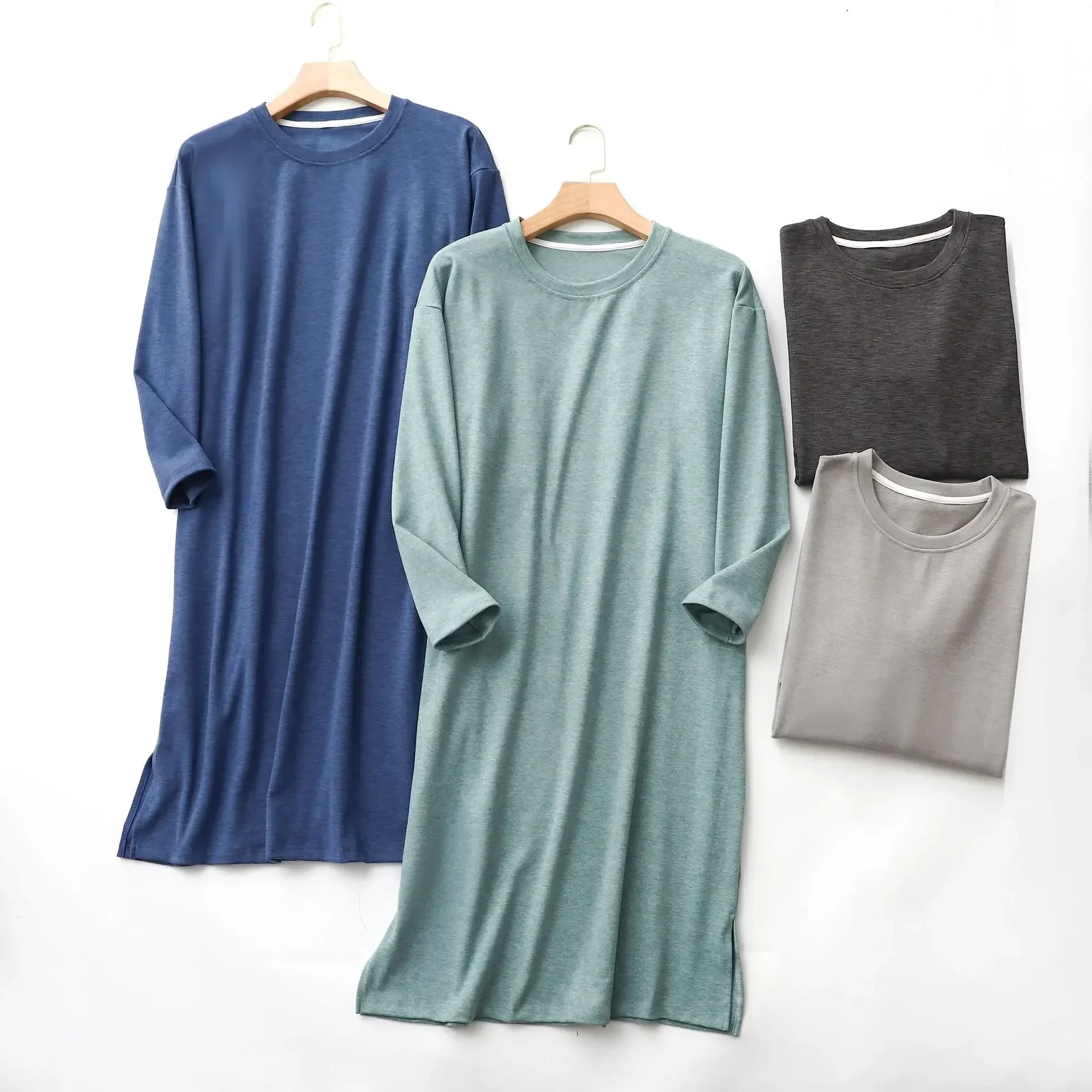 

One-piece Plus Winter Nightshirt And Sleeved Clothes Pajamas Men Home Dress Plain Night Sleep Autumn Thickened Men's Long Size