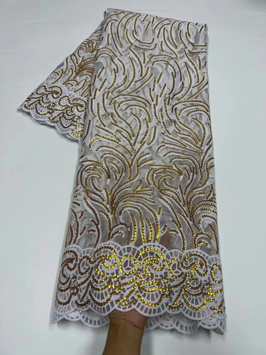 

Hot Sale Nigeria 5 Yards Sequined Mesh Lace Fabric 2022 High Quality African Embroidered Fabric For Wedding Birthday Dresses Sew
