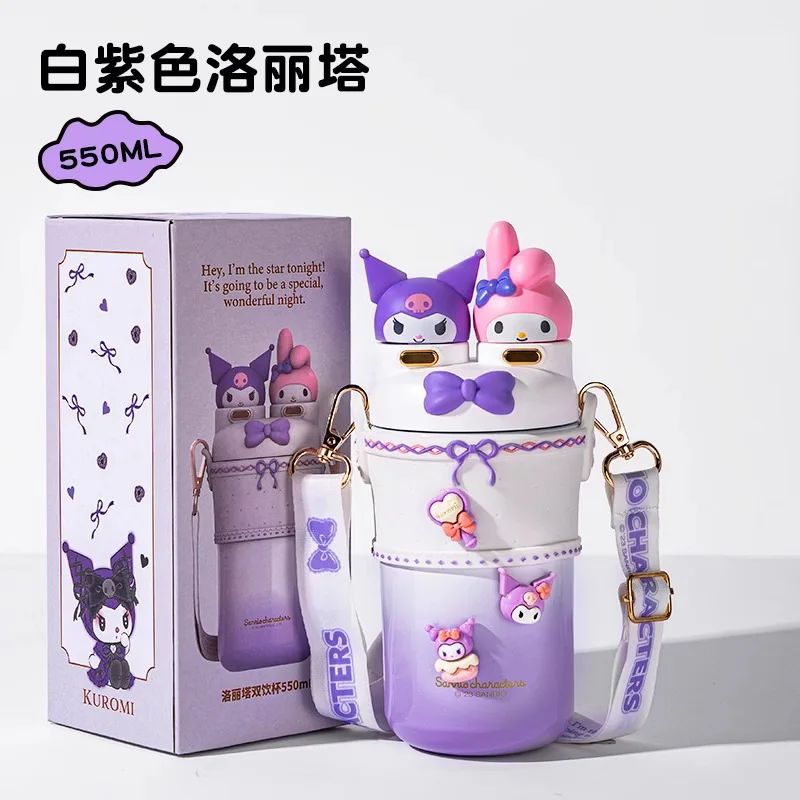 

Kuromi children's water cup double drinking straw thermos cup spring cover children's school backpack thermos pot