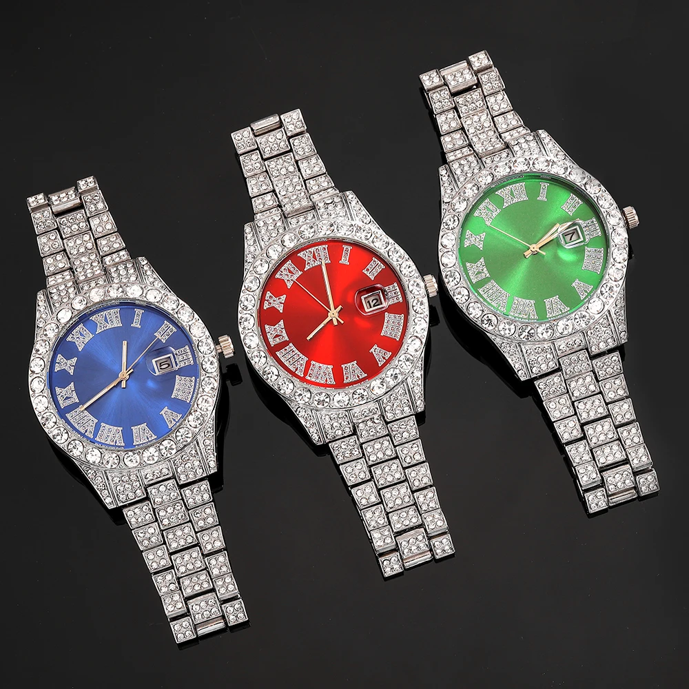 3pcs Men's Silver Watch Set Hip-hop Punk Inlay Diamond Watch+Cuban Chain+Bracelet Comes With Strap Adjuster Stylish Jewelry Gift 5