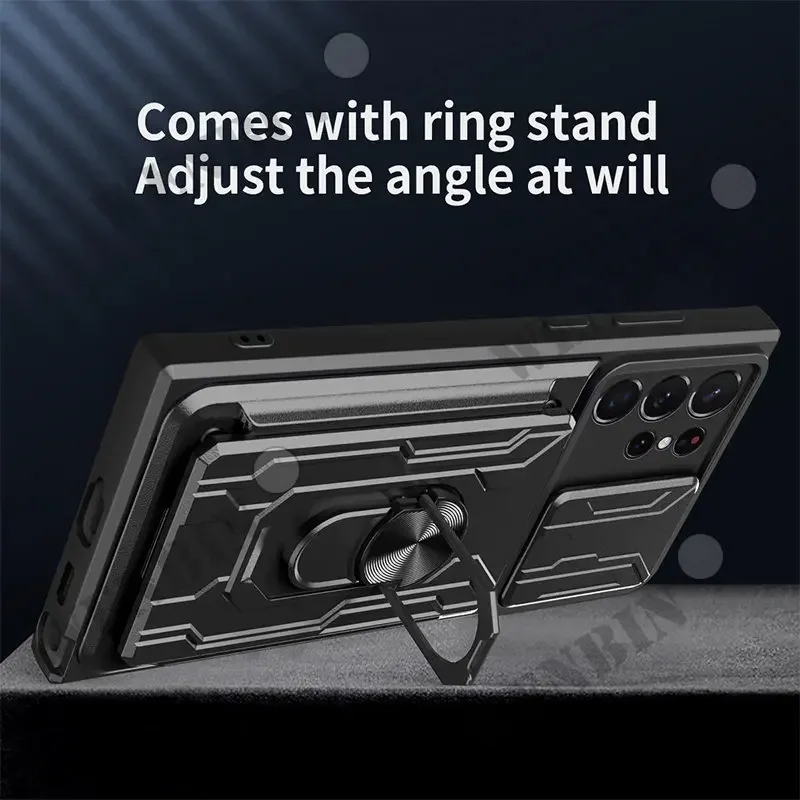Premium Military Grade Slide Stand Ring Case with Camera Protection & Card Slot
