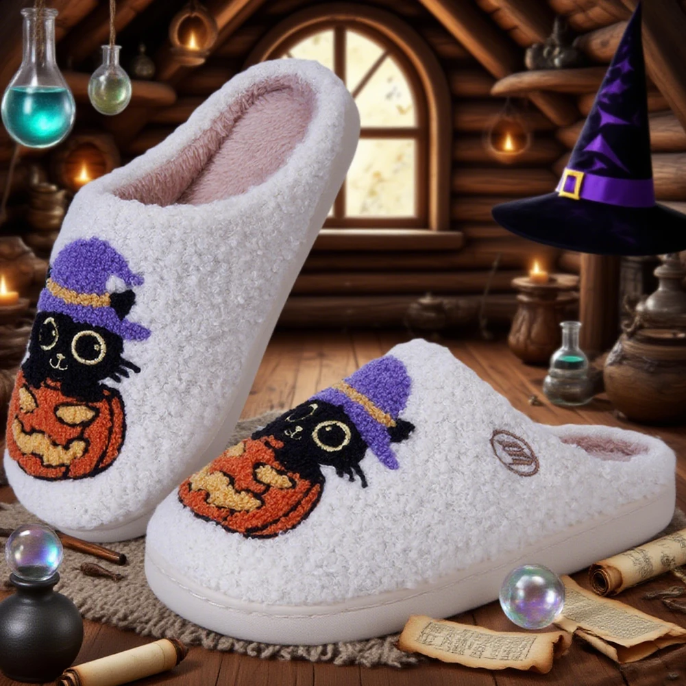 Autumn Winter Halloween Slippers Women Black Cat Pumpkin Cute Ghost Plush Slippers Fluffy Comfortable Warm Indoor Home Slippers