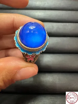 Anello Cloisonné in Argento Tibetano, con Zaffiro Blu a Stella Intarsiato, Stile Etnico Retrò, Fascia Aperta Regolabile, Anello Vintage Unisex
