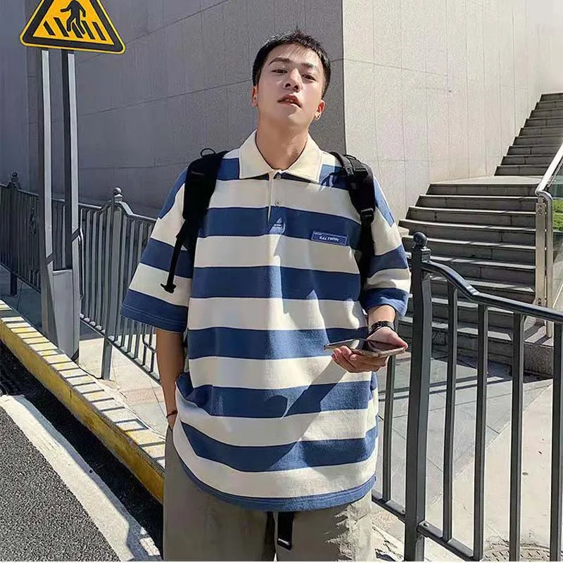 

Полосатая футболка с коротким рукавом для мужчин, весна-лето, брендовая Свободная рубашка-поло в стиле Ins, трендовая одежда с отложным ворот...