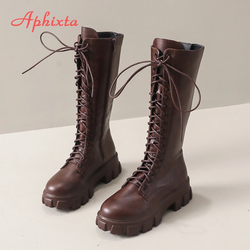 Aphixta 2025 Winter Shoes Women's Long High Boots Brown PU Leather Knee High Boots Female Fashion Lace Up Platform Botas Mujer
