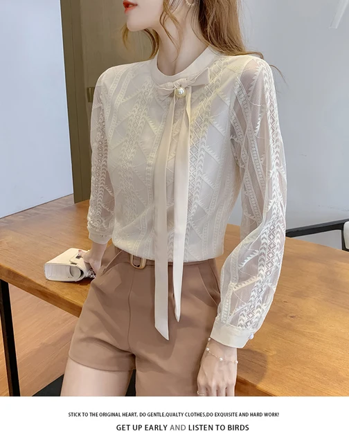 H Han Queen New Lace Women Blouses Lace-up Loose Shirt Simple Basic Top Work  Casual Vintage Blouse Korean Hollow Out Women Blusa - Blouses & Shirts -  AliExpress