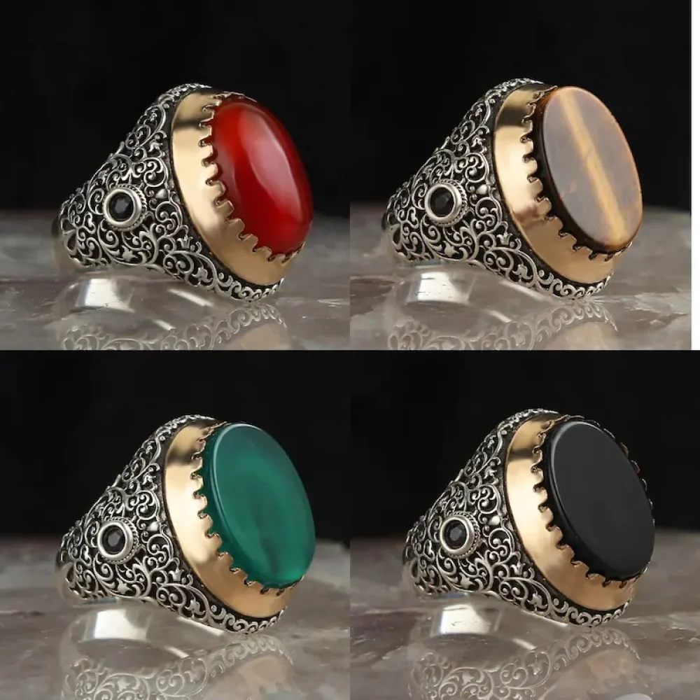 Vintage Handmade Turkish Jewelry Green Stone Black Onyx Ring Retro Silver Color Men Wedding Classic Punk Engagement | Украшения и