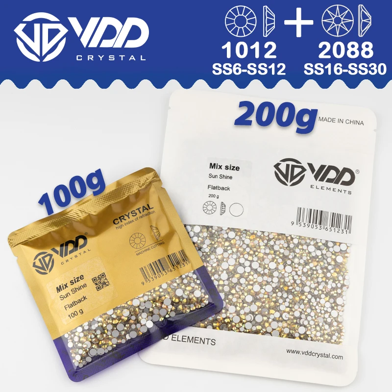 VDD 도매 믹스 크기 SS6-SS30 고품질 유리 2088 라인 석 크리스탈 골드 플랫 백 Strass 돌 네일 아트 DIY 장식