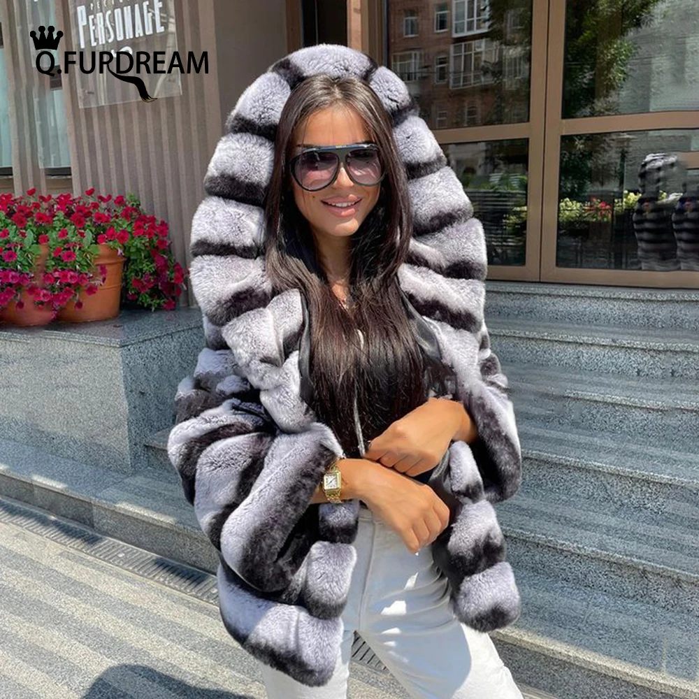 Women Real Chinchilla Rex Rabbit Fur Coat Hooded Warm Thick Jacket Overcoat