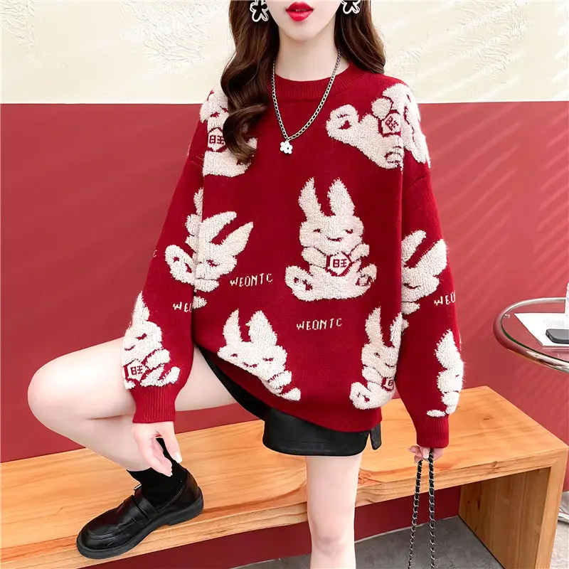 

Red sweaters pullover women wear loose clothes autumn and winter 2023 new popular fashionable foreign o neck knitwear sweater
