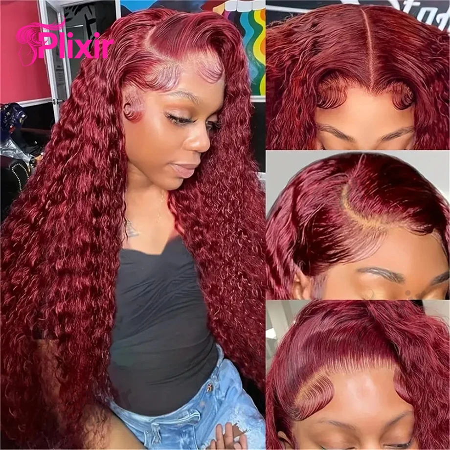 Burgundy 13x6 Hd Lace Frontal Human Hair Wig Deep Water Wave Curly Wigs For Women 99j Red Colored 30 Inch 13x4 Lace Front Wigs 2