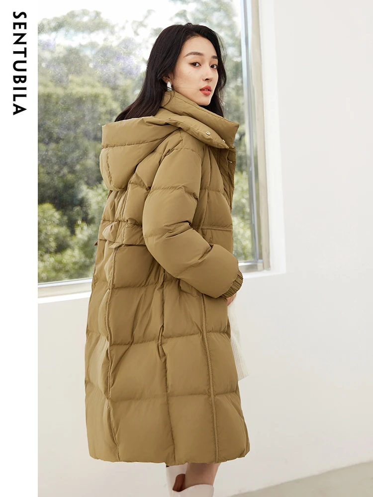 SENTUBILA Women's 2023 Winter Fashion Hooded Long Down Jacket 90% White Duck Down Coat Office Lady Loose Warm Outwear W34Y49569