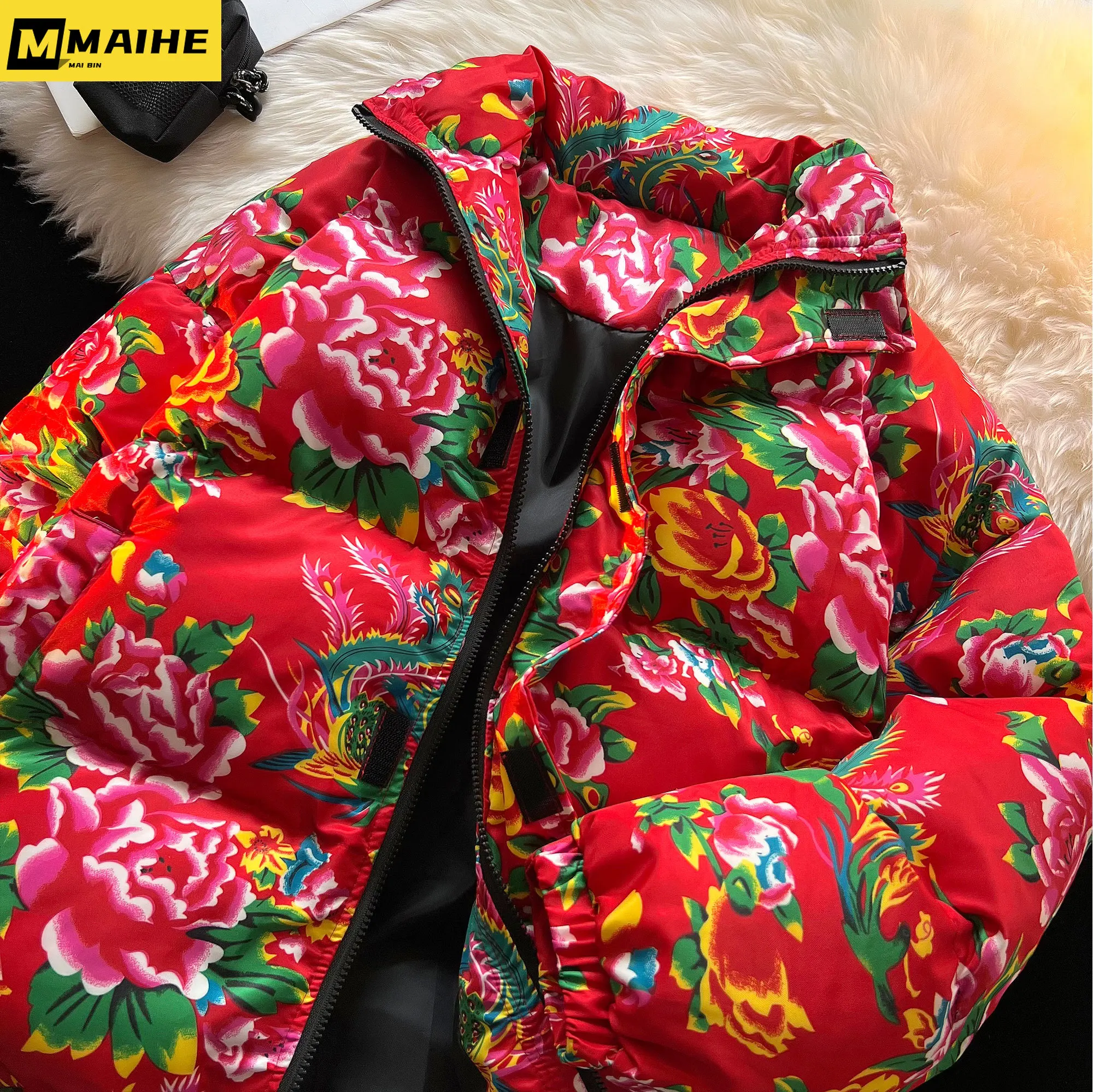 Men's Winter Coat Luxury Windproof Standing Collar Warm Parker Coat Unisex Thickened Chinese Northeast Flower Padded Jacket