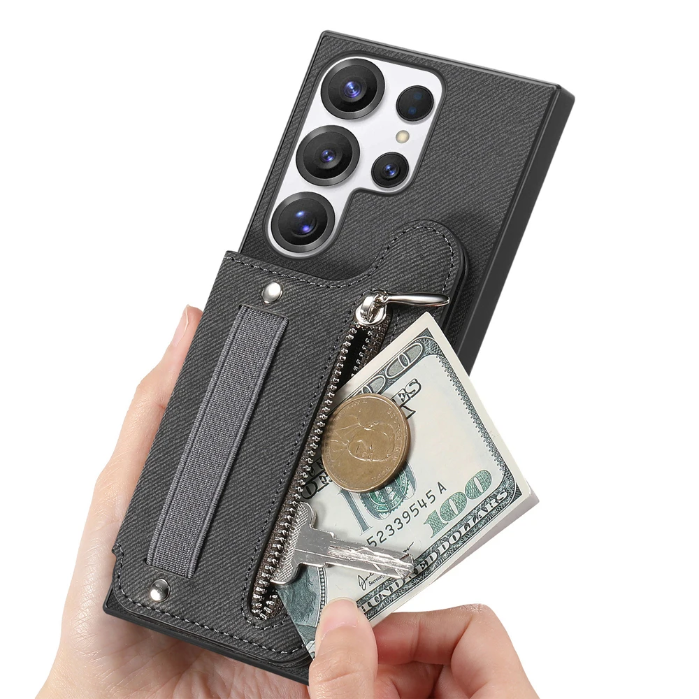 Zipper Card Slot Leather Wallet Case with Elastic Wrist Strap