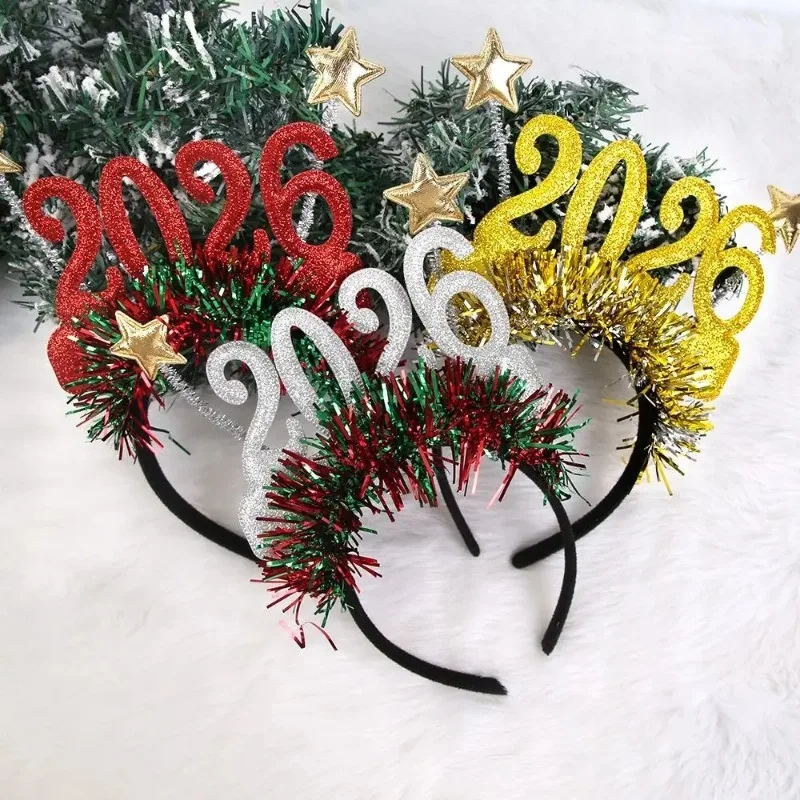 Sequin 2026 Happy New Year Headband Cute Star Party Decorative Glasses Headwear Sweet Xmas Hair Band Kids Photo Prop