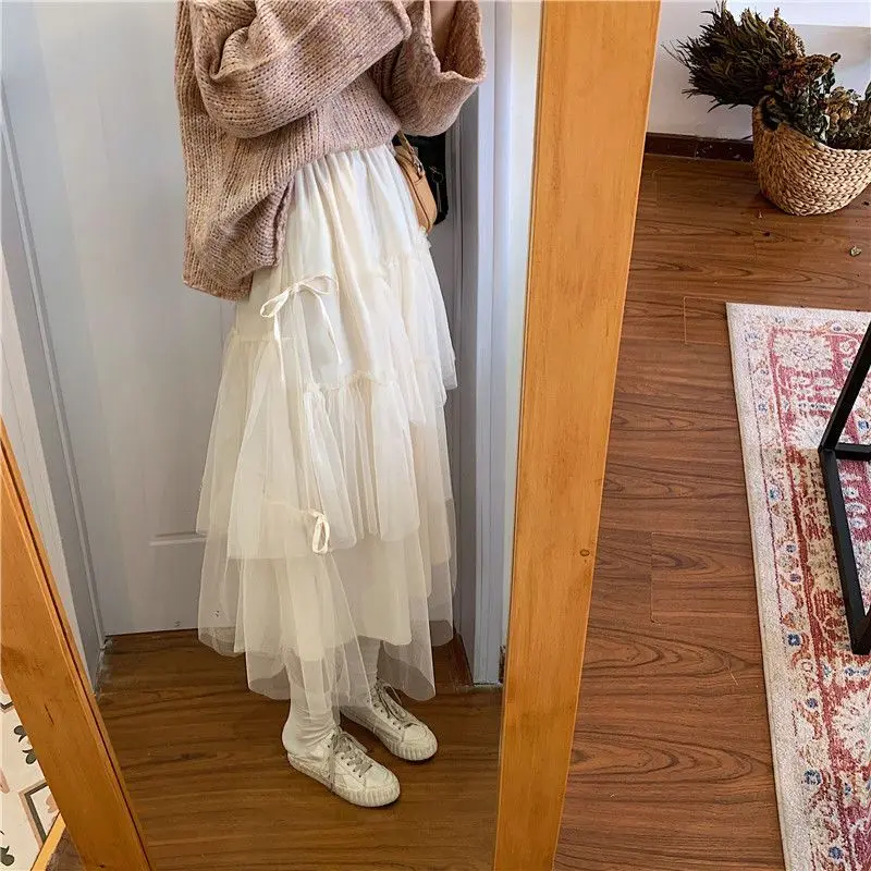 Sweet Net Yarn All-match Half Skirt Spring Autumn New High Waist Solid Pleated A-line Cake Skirt Elegant Fashion Women Clothing