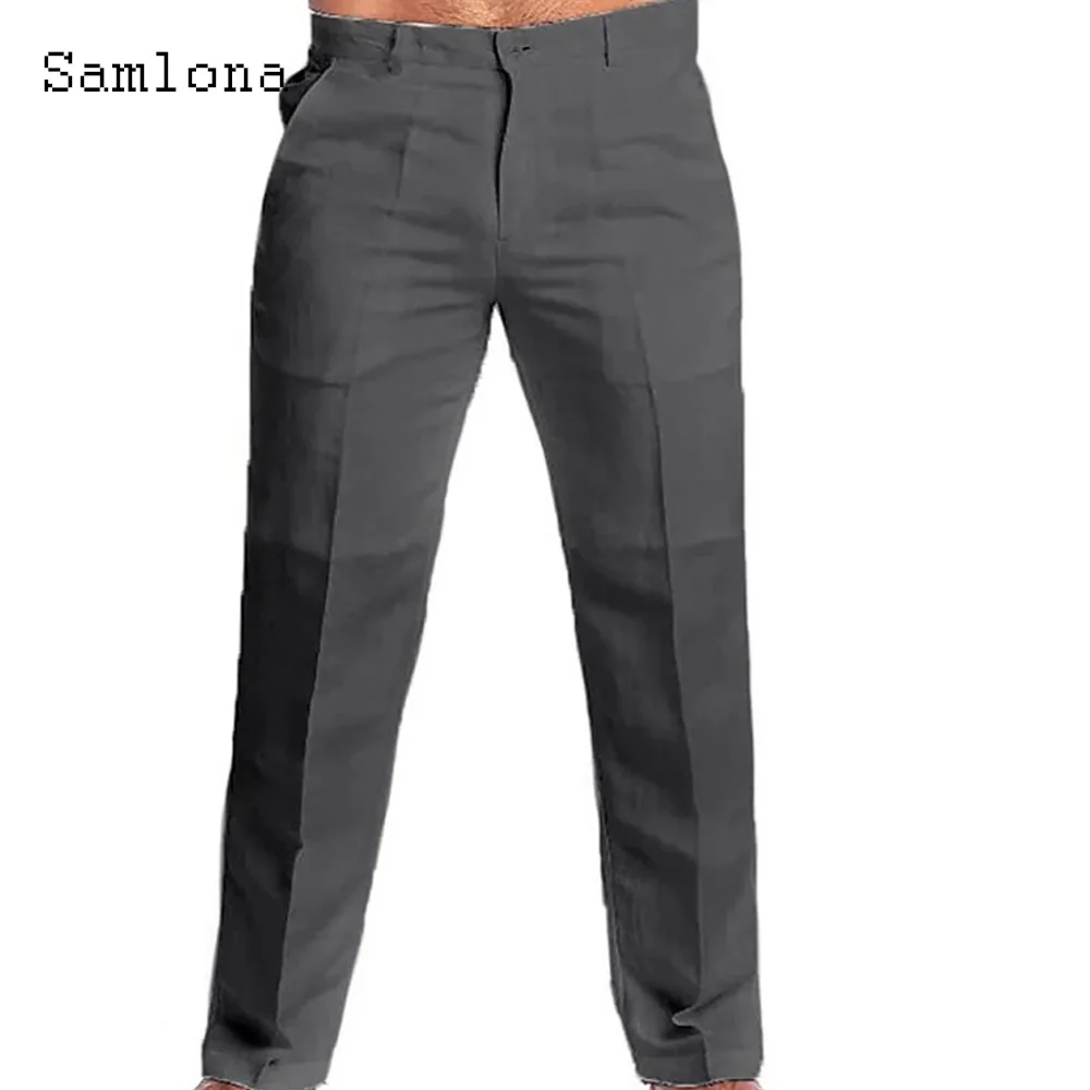 Men Stand Pocket Casual Linen Pants Solid White Gray Trouser Plus Size 3xl