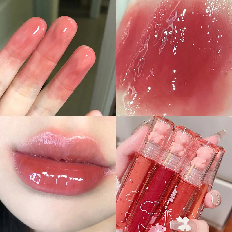 6 Color Lip Glaze Cute Little Bear Mirror Lip Gloss Water Light Nude Red Liquid Lipstick Clear Tint Makeup Transparent Glass