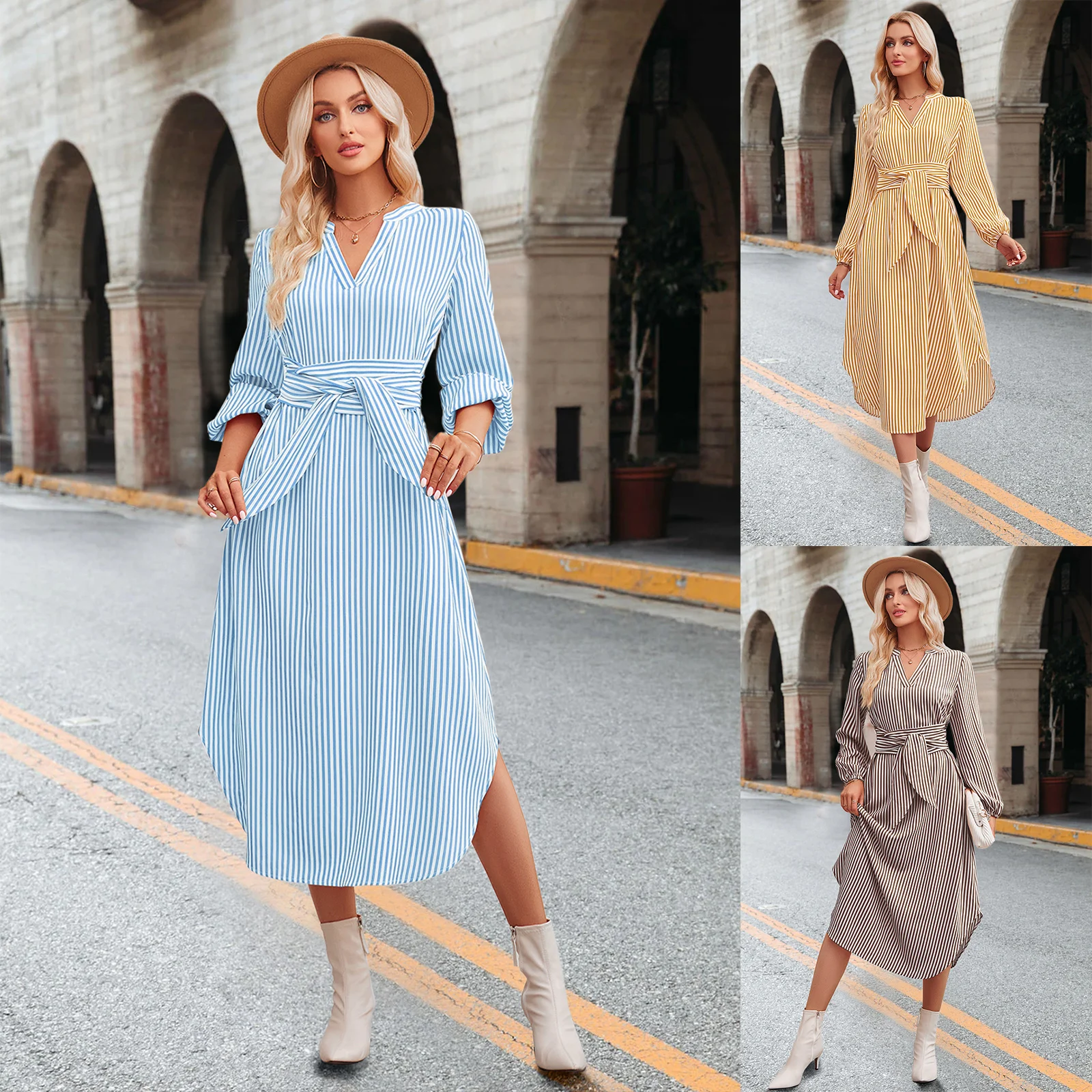 

Элегантные длинные платья для женщин, женские платья в полоску с V-образным вырезом и длинным рукавом, модное платье-рубашка с завязкой на талии, свободная уличная одежда
