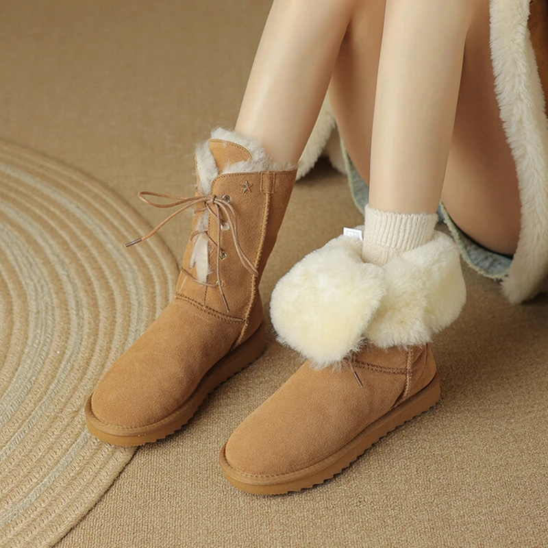 

Winter Women Shoes Round Toe Thick Heel Boots Women Cow Suede Leather Shoes for Women Warm Wool Blend Platform Boots Snow Boots