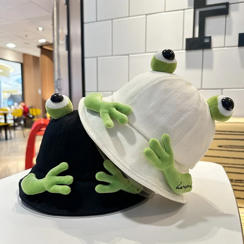 2025 New Cute Big Eyes Frog Bucket Hats Outdoor Foldable Sun Fishing Cap Women Lady Summer Cotton Wild Panama Hats