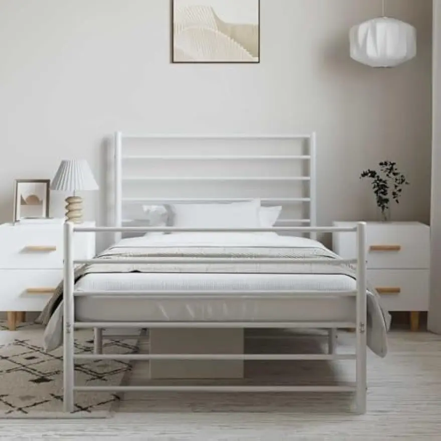 Metal Bed Frame Without Mattress with Footboard White Wooden Bed Frame Upholstered Headboard Supportive Mattress Base