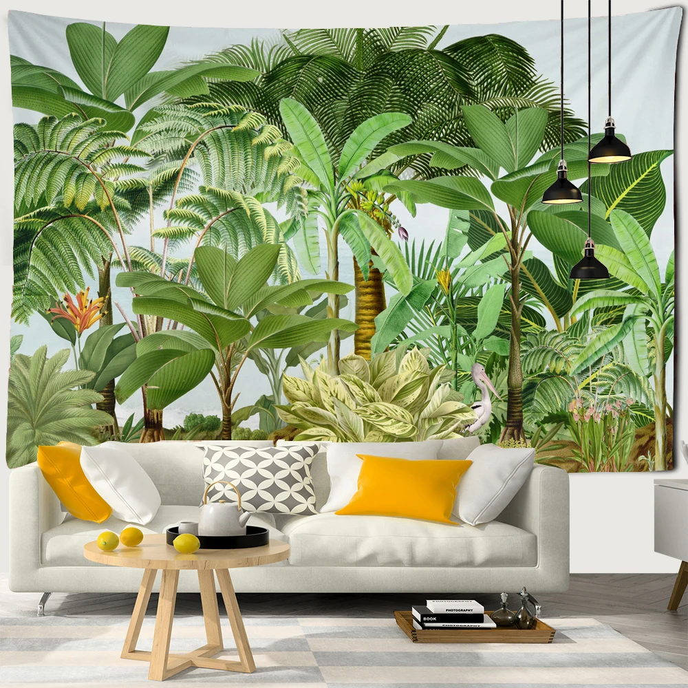 

Tropical Botanical Garden Tapestry Wall Hanging Style Natural Scenery Flowers Rainforest Palm Tree Wall Art Aesthetic for Decor