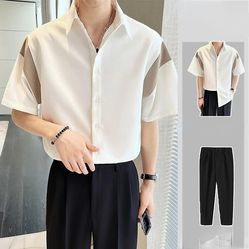 

Spring Summer New Fashion Suit Men Short Sleeve Casual Shirts and Pants Patchwork Pleats Slim Handsome Two-piece Set A54