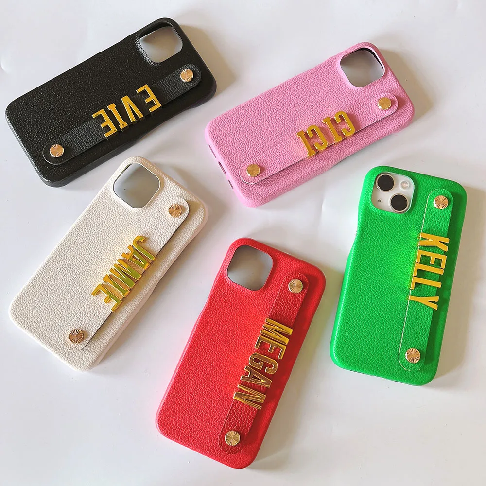 

Fashion Personalized Custom Metal Name Initials Strap Leather Phone Case For iPhone 13 12 11 14 Pro Max Mini X XR XS 7 8 Plus