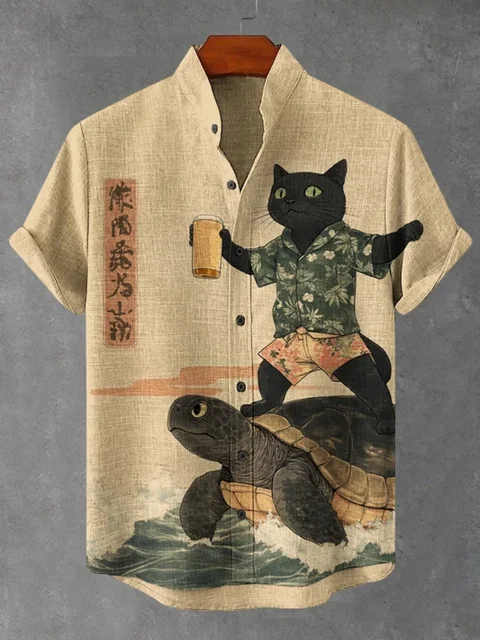 2025 new men's standing collar shirt, Japanese samurai printed cardigan button up shirt, retro linen short sleeved men's shirt 2