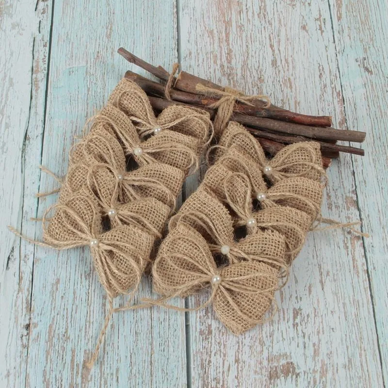 Jute Burlap Hessian Bow with Artificial Bead 10pcs/lot Vintage Wedding Decoration Handmade Craft DIY Christmas Decoration
