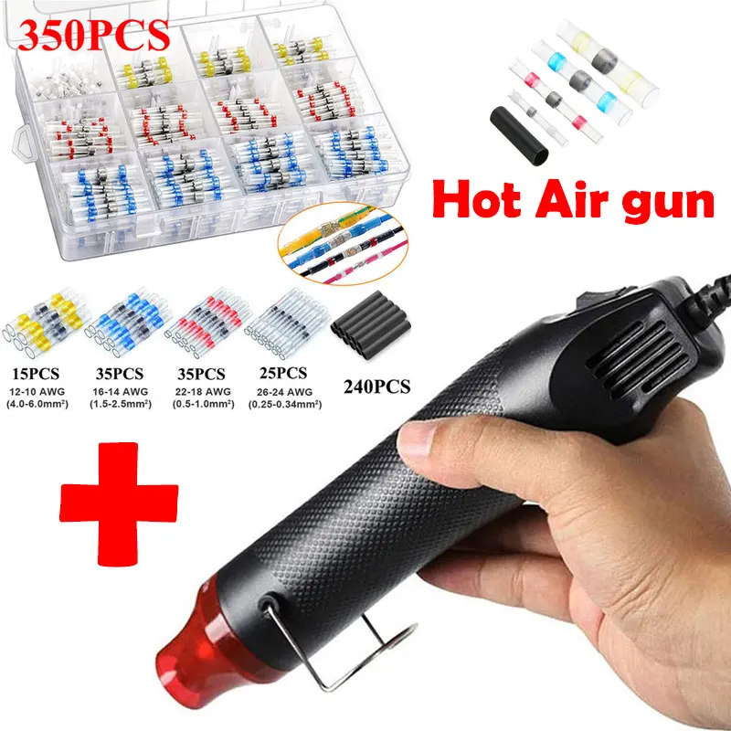 

50/100/300PCS Waterproof Heat Shrink Butt Crimp Terminals Solder Seal Electrical Wire Cable Splice Terminal Kit with Hot Air Gun