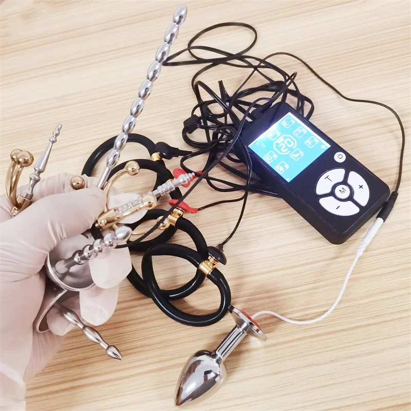 1 Set 8 Modes Electric Shock Silicone Cock Rings Metal Penis Plug Horse Eye Stick Urethral Sounding Adult Games Sex Toys for Men