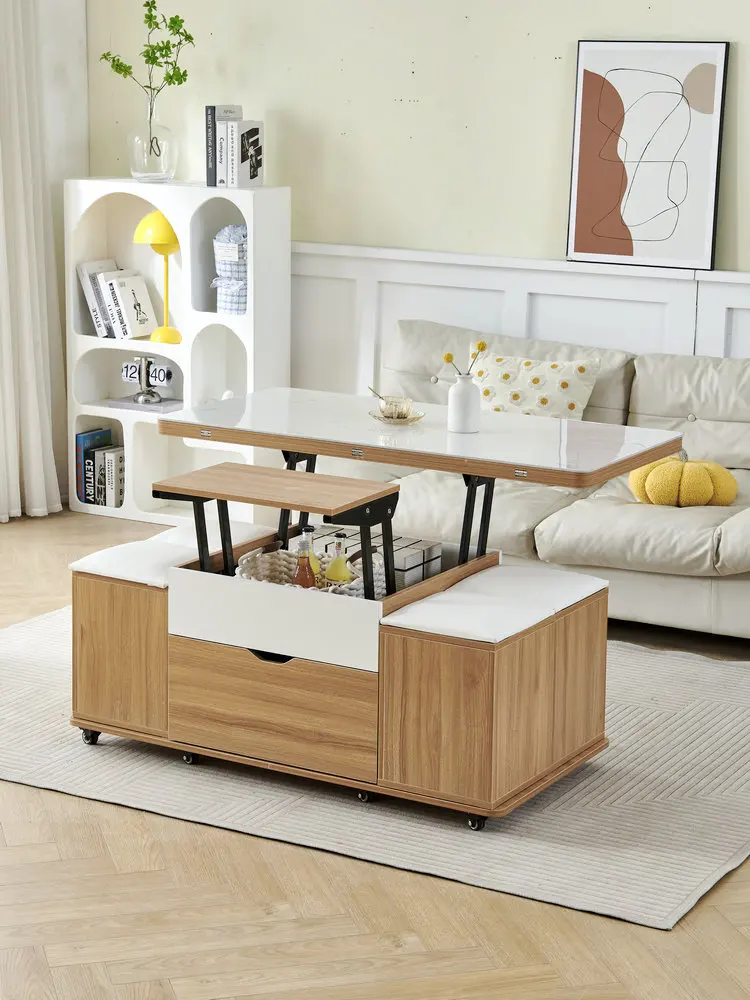 

Solid wood multifunctional raised telescopic storage rock panel for lifting, coffee table, dining table, dual-purpose with stool