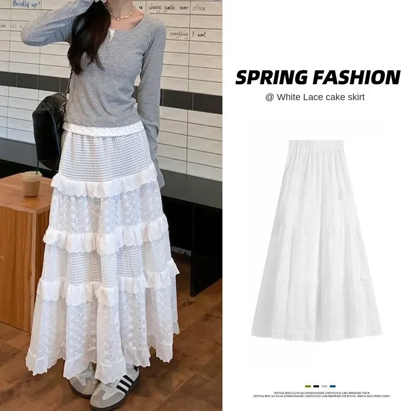 Lace Cake Skirt for Women Spring/Summer NEW High Waist Slim Ballet Style White A-line Skirt Versatile Fat Girl Half length Skirt