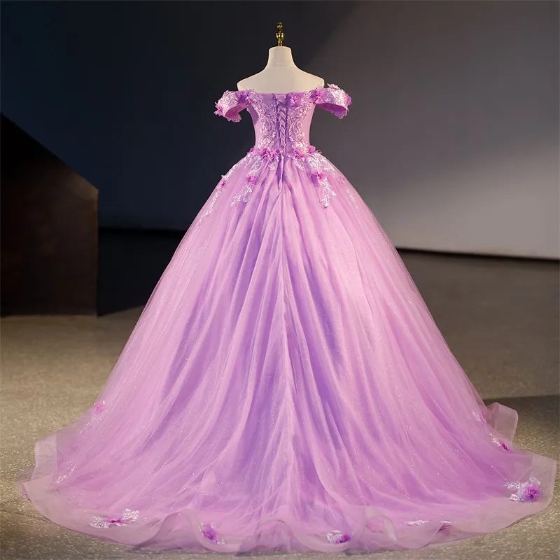 Spring New Purple Quinceanera Dresses With Train Sweet Flower Boho Party Dress Shinny Sequin Ball Gown Luxury Lace Vestidos