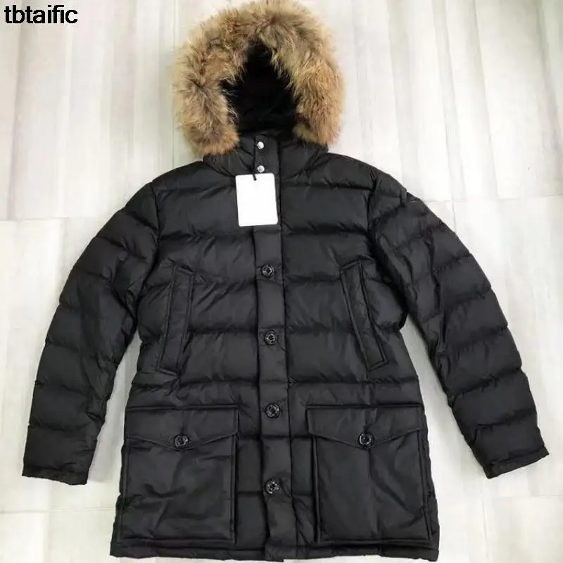 

Long pattern hooded down jacket black single breasted casual coat big wolf fur collar parka coat men's warm jacket 2023 winter