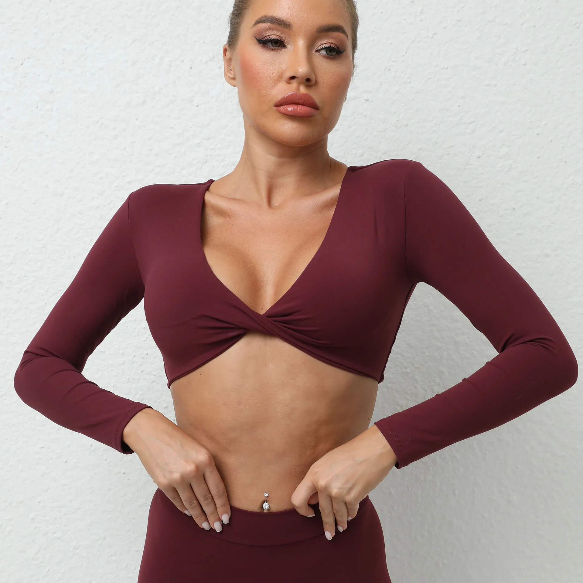 Sexy Yoga Shirts Long Sleeve Yoga Crop Tops Low Cut Bra Integrated Shirts Gym Shirt Workout Gym Top Insert Pads Slim Fit Sports
